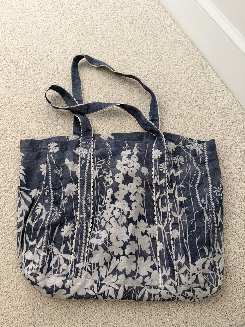 Garnet Hill Navy and White Floral Canvas Tote